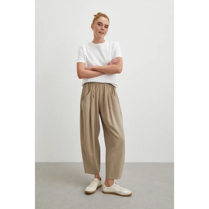 Bağcıklı Beli Lastikli Pileli Pantolon Taş