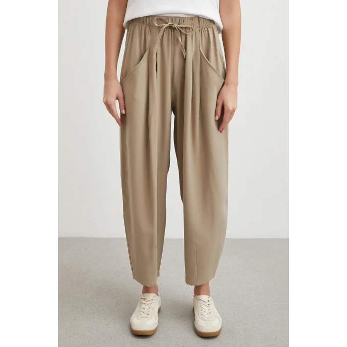 Bağcıklı Beli Lastikli Pileli Pantolon Taş