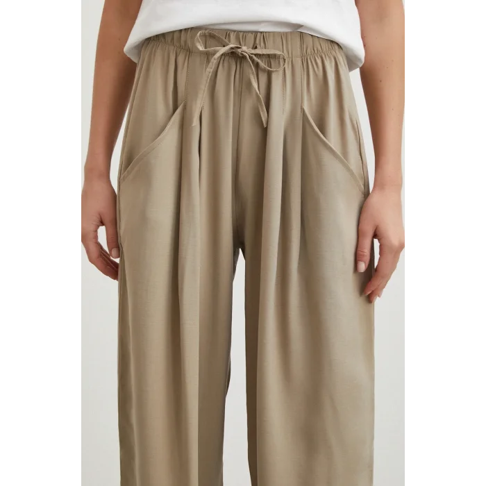 Bağcıklı Beli Lastikli Pileli Pantolon Taş