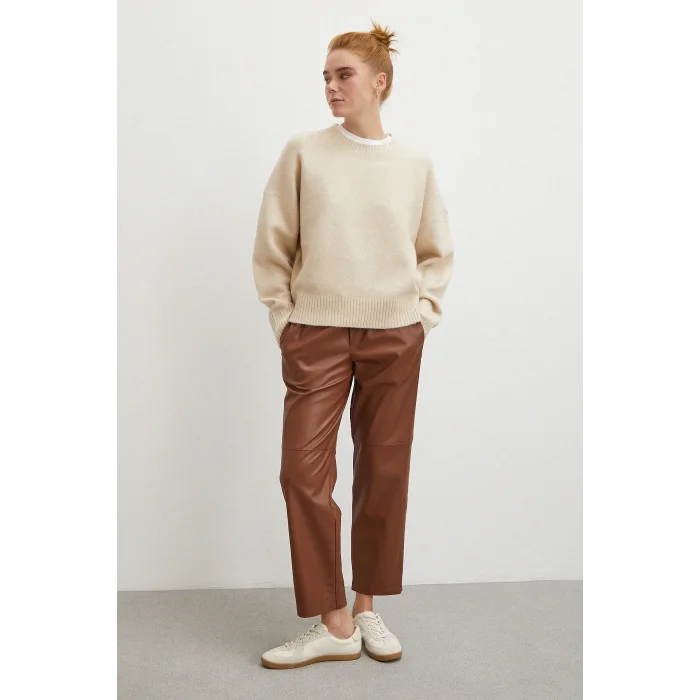 Bağcıklı Deri Pantolon Kahve