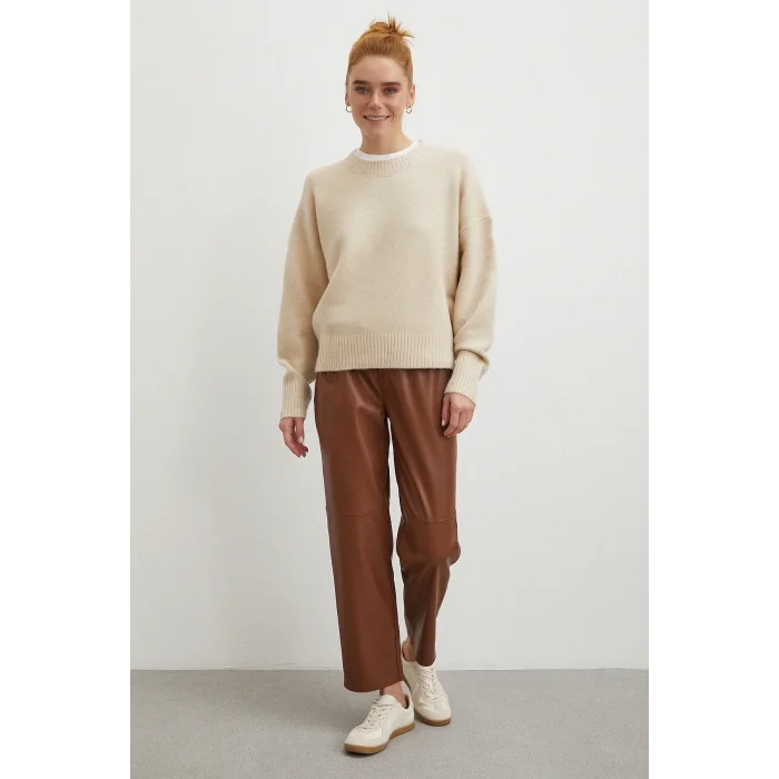 Bağcıklı Deri Pantolon Kahve