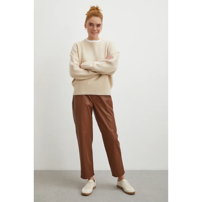 Bağcıklı Deri Pantolon Kahve
