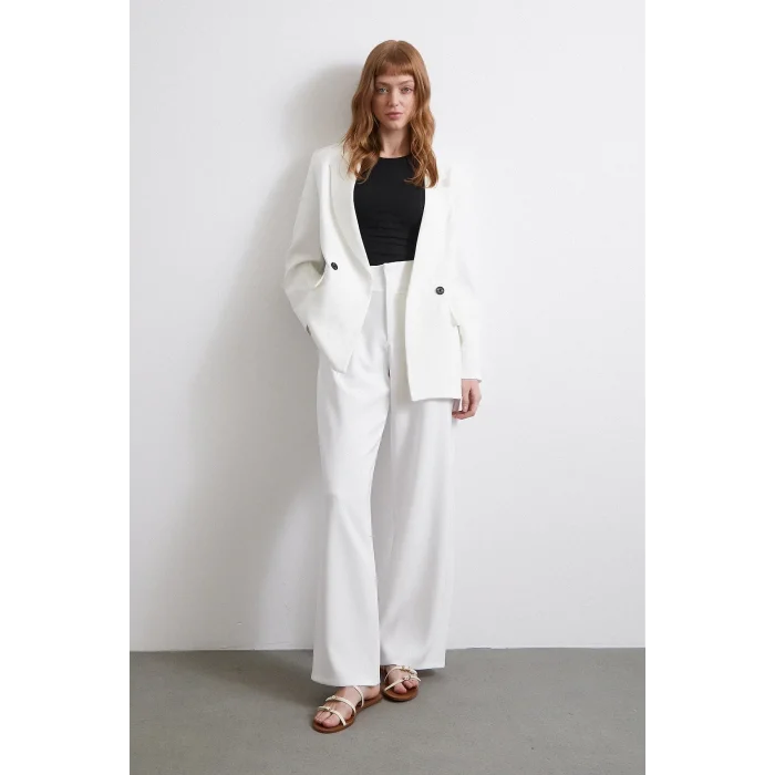 Bel Detaylı Wide Leg Pantolon Ekru