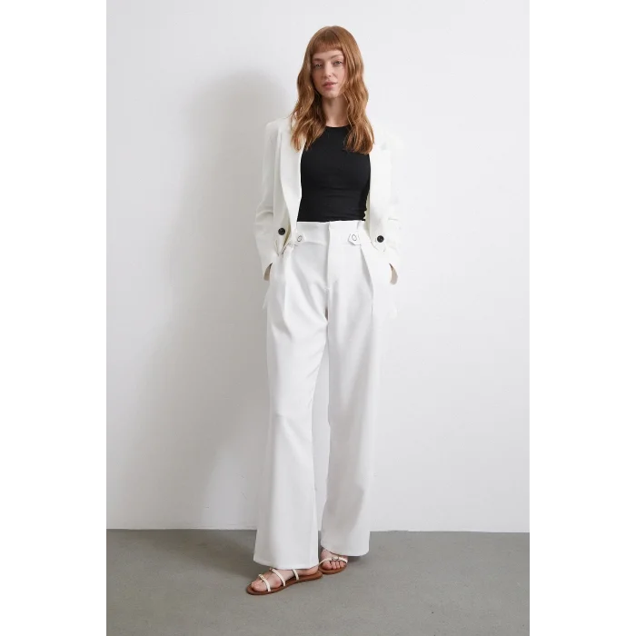 Bel Detaylı Wide Leg Pantolon Ekru