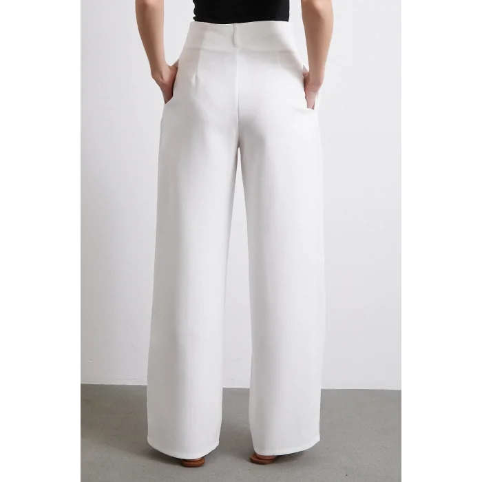 Bel Detaylı Wide Leg Pantolon Ekru