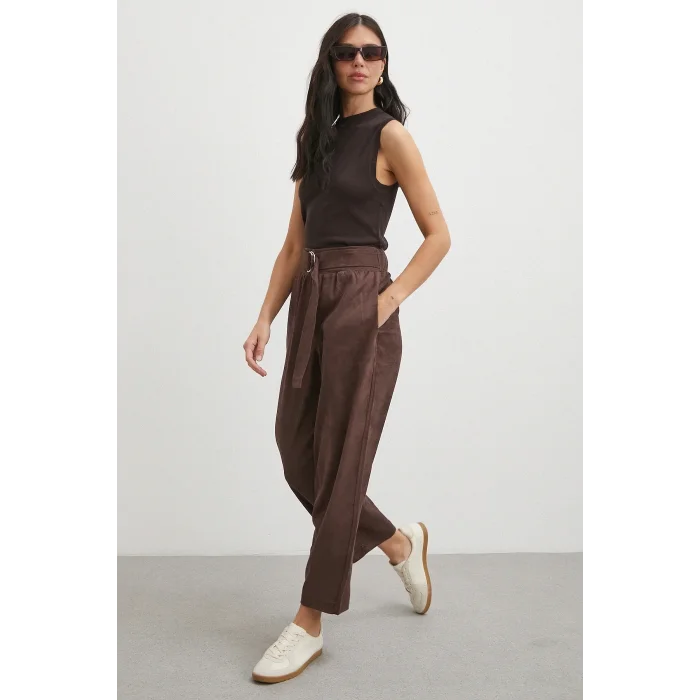 Beli Büzgülü Kemer Tokalı Pantolon Kahve