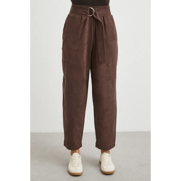 Beli Büzgülü Kemer Tokalı Pantolon Kahve