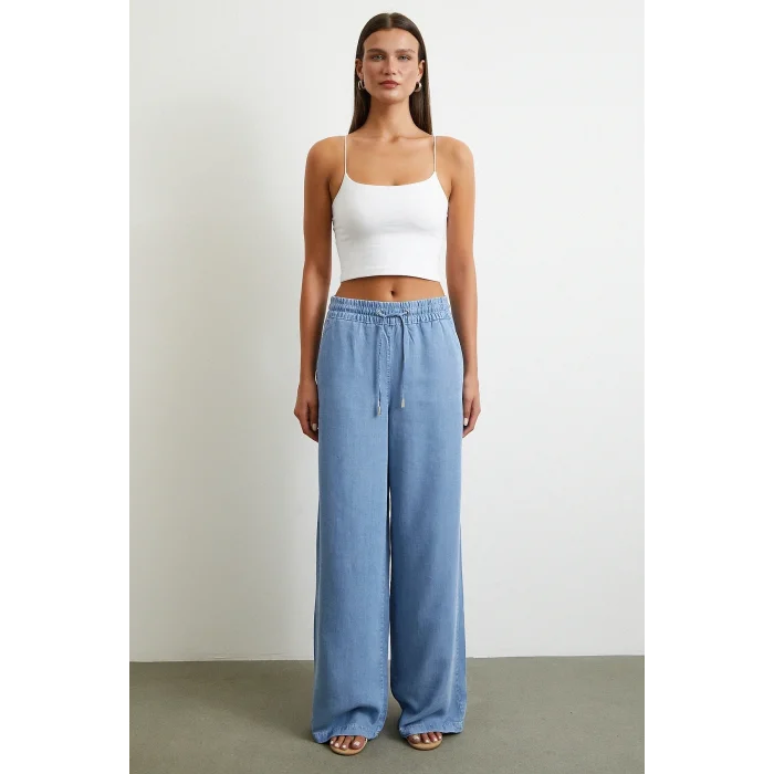 Beli Lastikli Bağcıklı Geniş Paça Pantolon Mavi