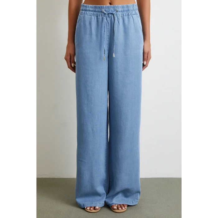 Beli Lastikli Bağcıklı Geniş Paça Pantolon Mavi