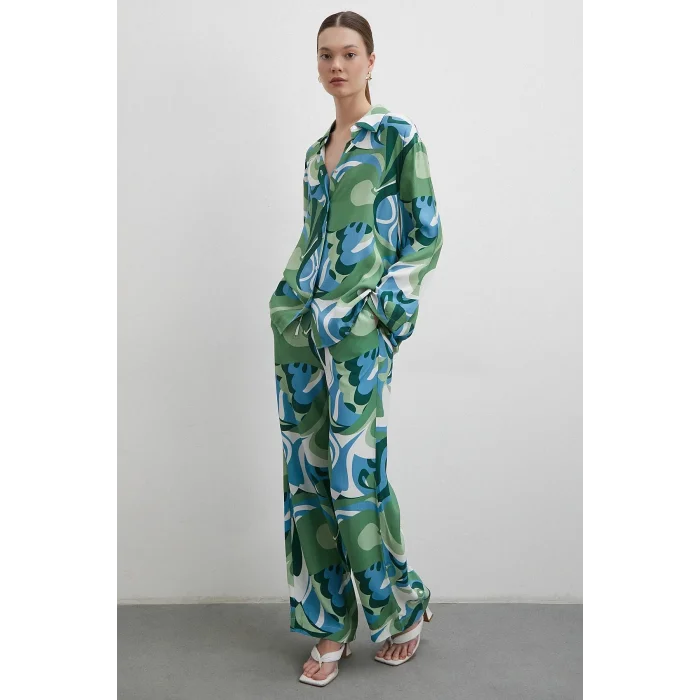 Beli Lastikli Desenli Pantolon Yeşil