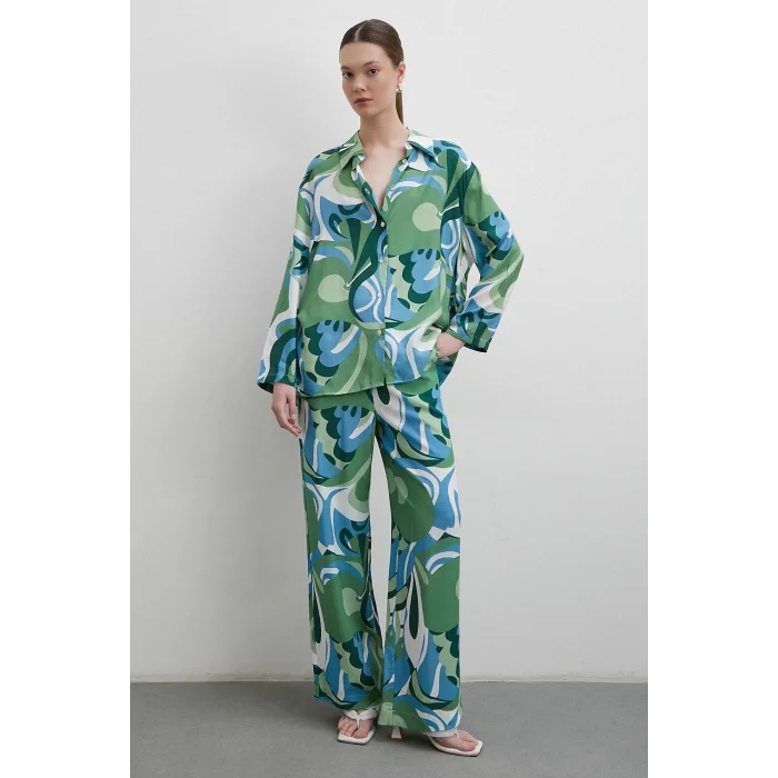 Beli Lastikli Desenli Pantolon Yeşil