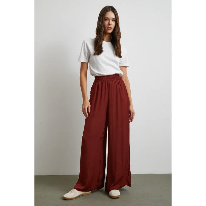 Beli Lastikli Dökümlü Geniş Paça Pantolon Kahve