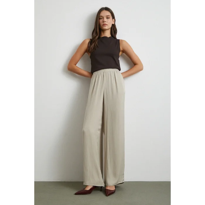 Beli Lastikli Dökümlü Geniş Paça Pantolon Taş