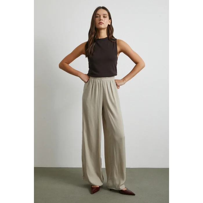 Beli Lastikli Dökümlü Geniş Paça Pantolon Taş