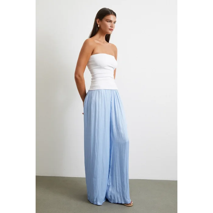 Beli Lastikli Geniş Paça Büzgülü Pantolon Mavi