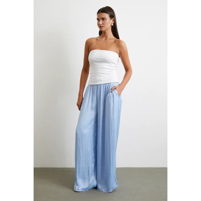 Beli Lastikli Geniş Paça Büzgülü Pantolon Mavi