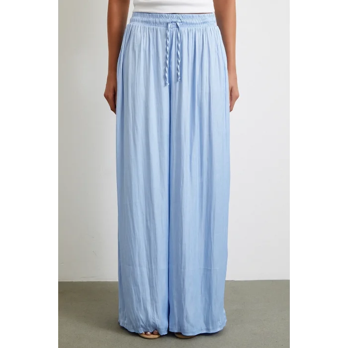 Beli Lastikli Geniş Paça Büzgülü Pantolon Mavi