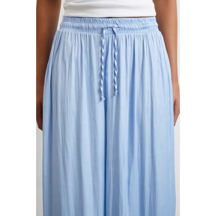 Beli Lastikli Geniş Paça Büzgülü Pantolon Mavi