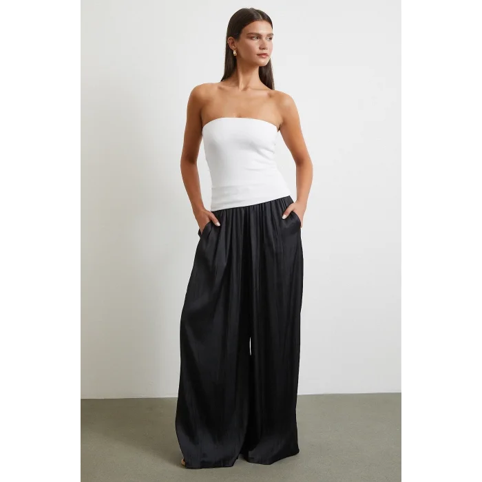 Beli Lastikli Geniş Paça Büzgülü Pantolon Siyah