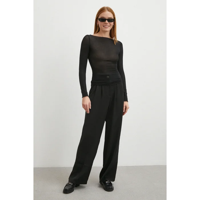 Beli Lastikli Pileli Geniş Paça Pantolon Siyah