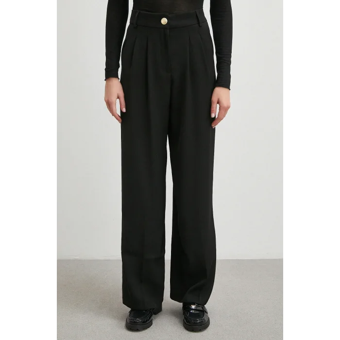 Beli Lastikli Pileli Geniş Paça Pantolon Siyah