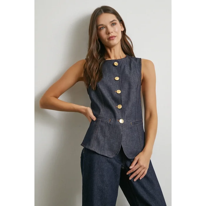 Bisiklet Yaka Metal Düğmeli Denim Yelek Lacivert