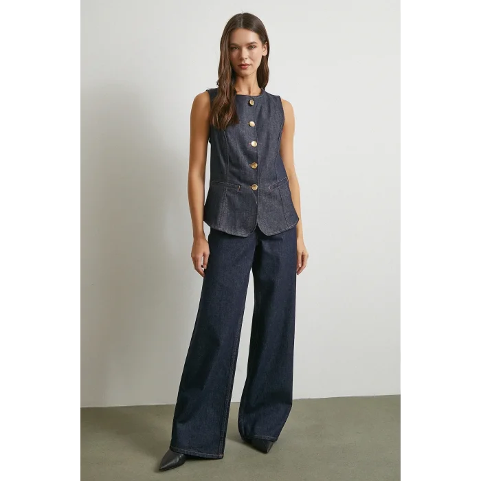 Bisiklet Yaka Metal Düğmeli Denim Yelek Lacivert