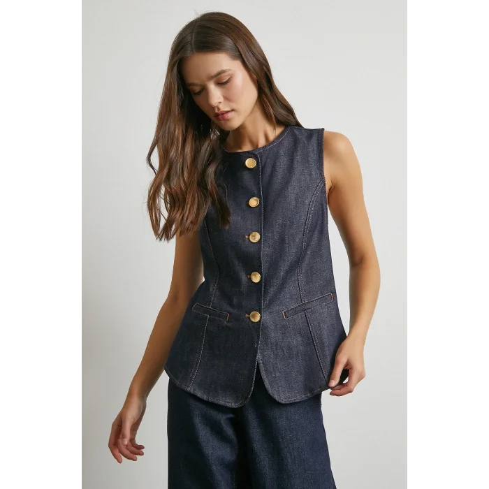 Bisiklet Yaka Metal Düğmeli Denim Yelek Lacivert