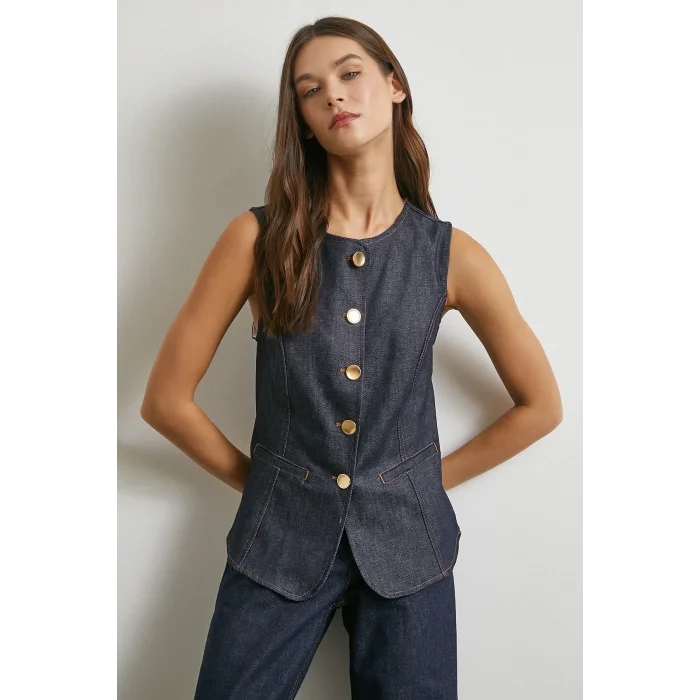 Bisiklet Yaka Metal Düğmeli Denim Yelek Lacivert