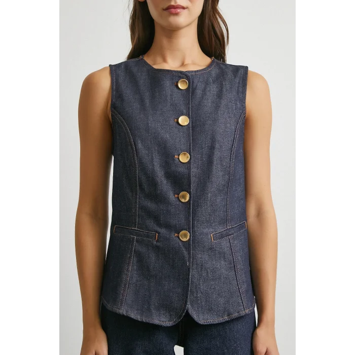 Bisiklet Yaka Metal Düğmeli Denim Yelek Lacivert