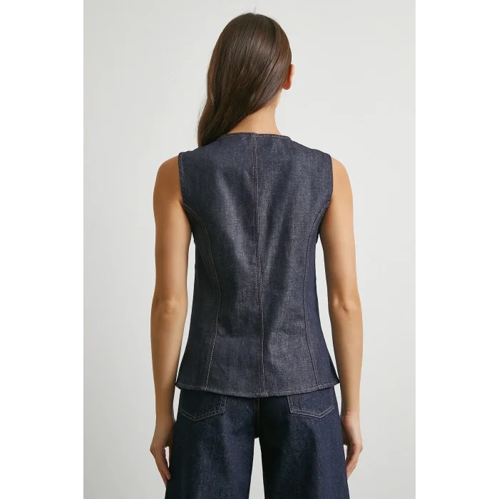 Bisiklet Yaka Metal Düğmeli Denim Yelek Lacivert