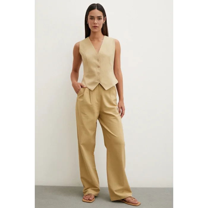 Boru Paça Yüksek Bel Keten Pantolon Camel