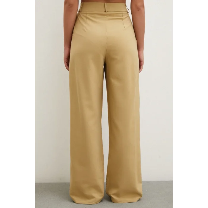 Boru Paça Yüksek Bel Keten Pantolon Camel