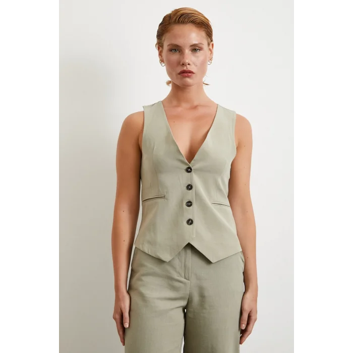 Cep Kapaklı Keten Yelek Gri