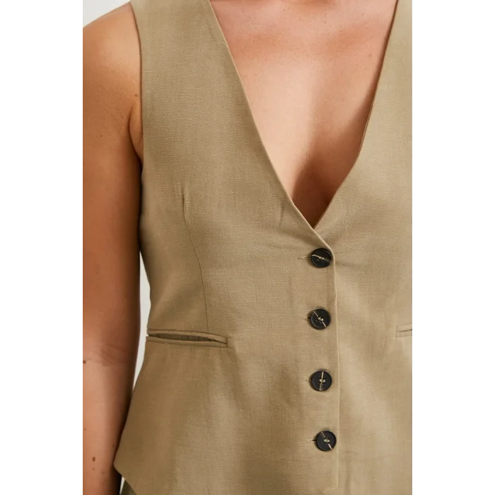 Cep Kapaklı Keten Yelek Haki