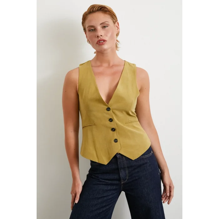 Cep Kapaklı Keten Yelek Olive