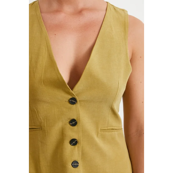 Cep Kapaklı Keten Yelek Olive