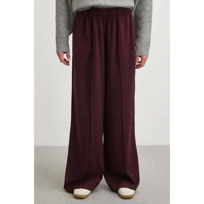 Çizgi Detaylı Geniş Paça Beli Lastikli Pantolon Bordo