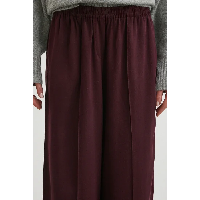 Çizgi Detaylı Geniş Paça Beli Lastikli Pantolon Bordo