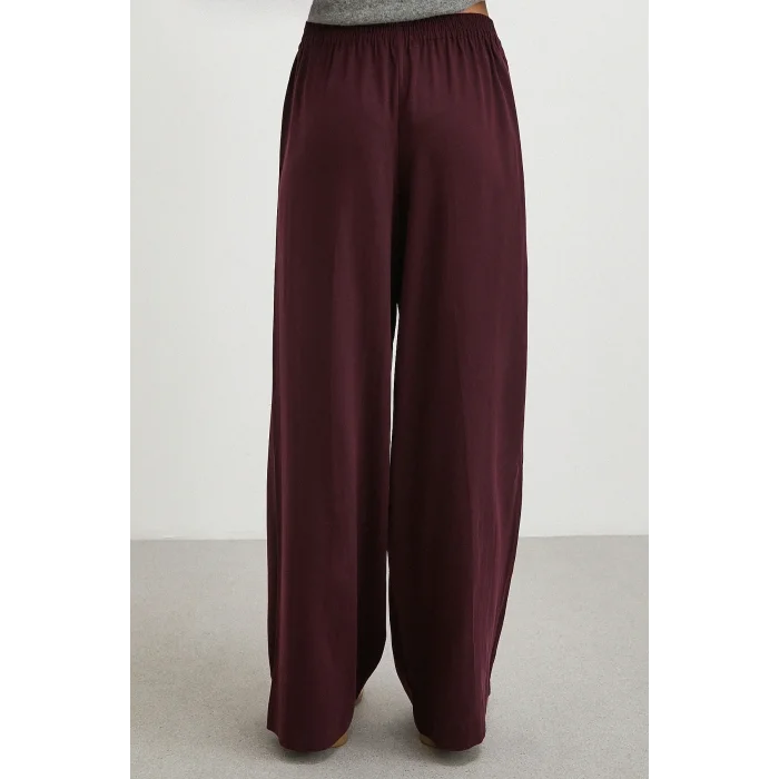 Çizgi Detaylı Geniş Paça Beli Lastikli Pantolon Bordo