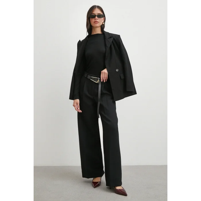 Deri Kemerli Geniş Paça Pantolon Siyah