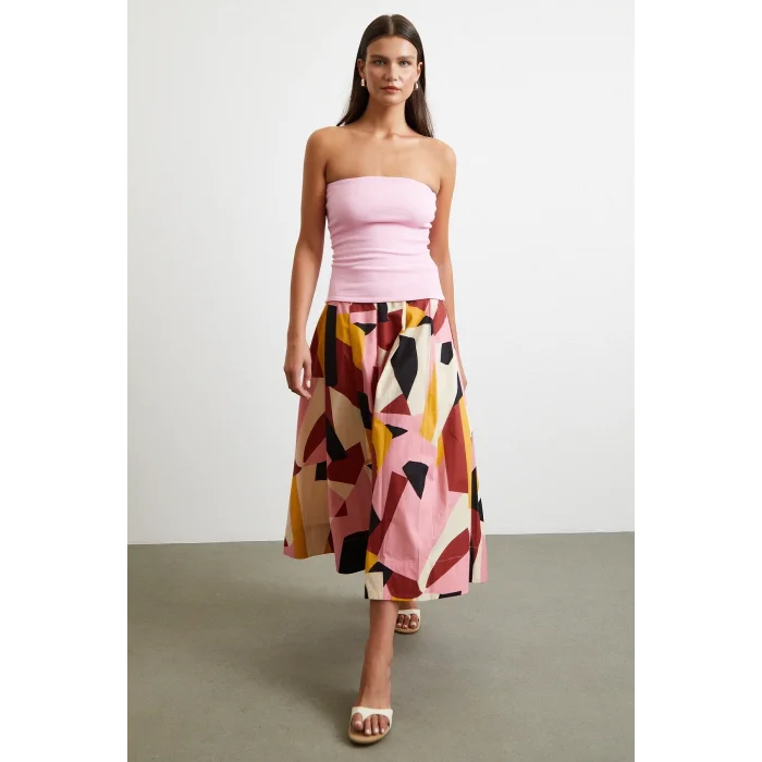 Desenli Midi Etek Pembe