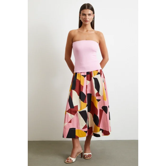 Desenli Midi Etek Pembe