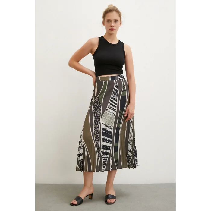 Desenli Piliseli Etek Haki