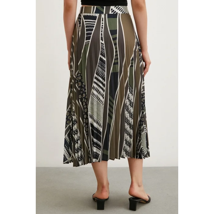 Desenli Piliseli Etek Haki