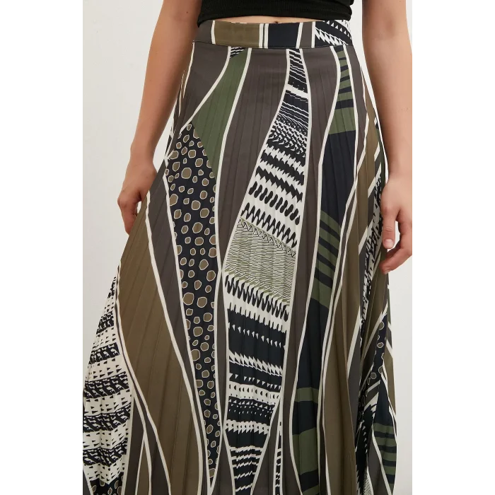 Desenli Piliseli Etek Haki