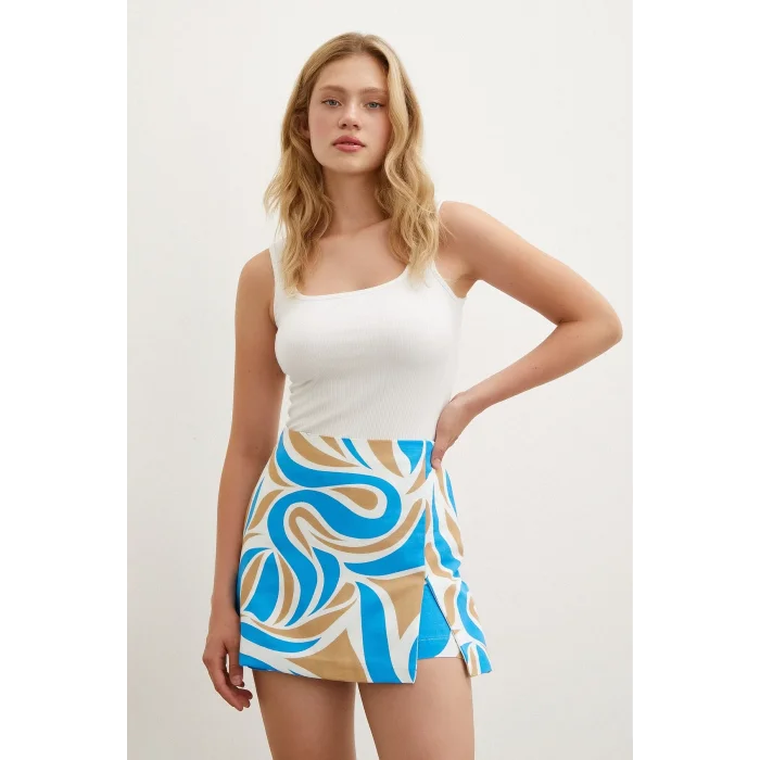 Desenli Şort Etek Mavi