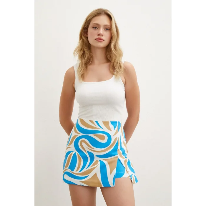 Desenli Şort Etek Mavi