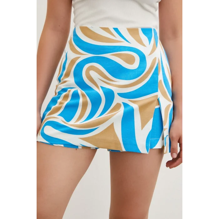 Desenli Şort Etek Mavi