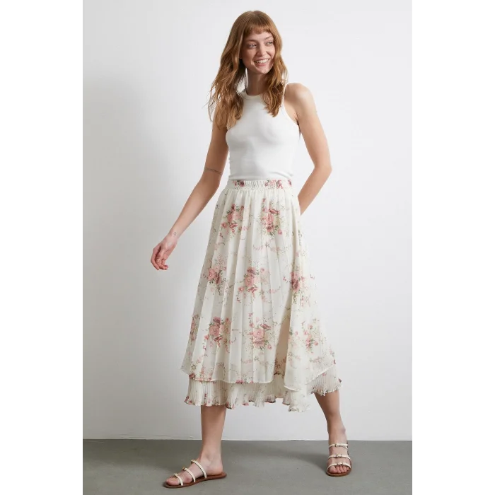 Fırfırlı Piliseli Etek Krem